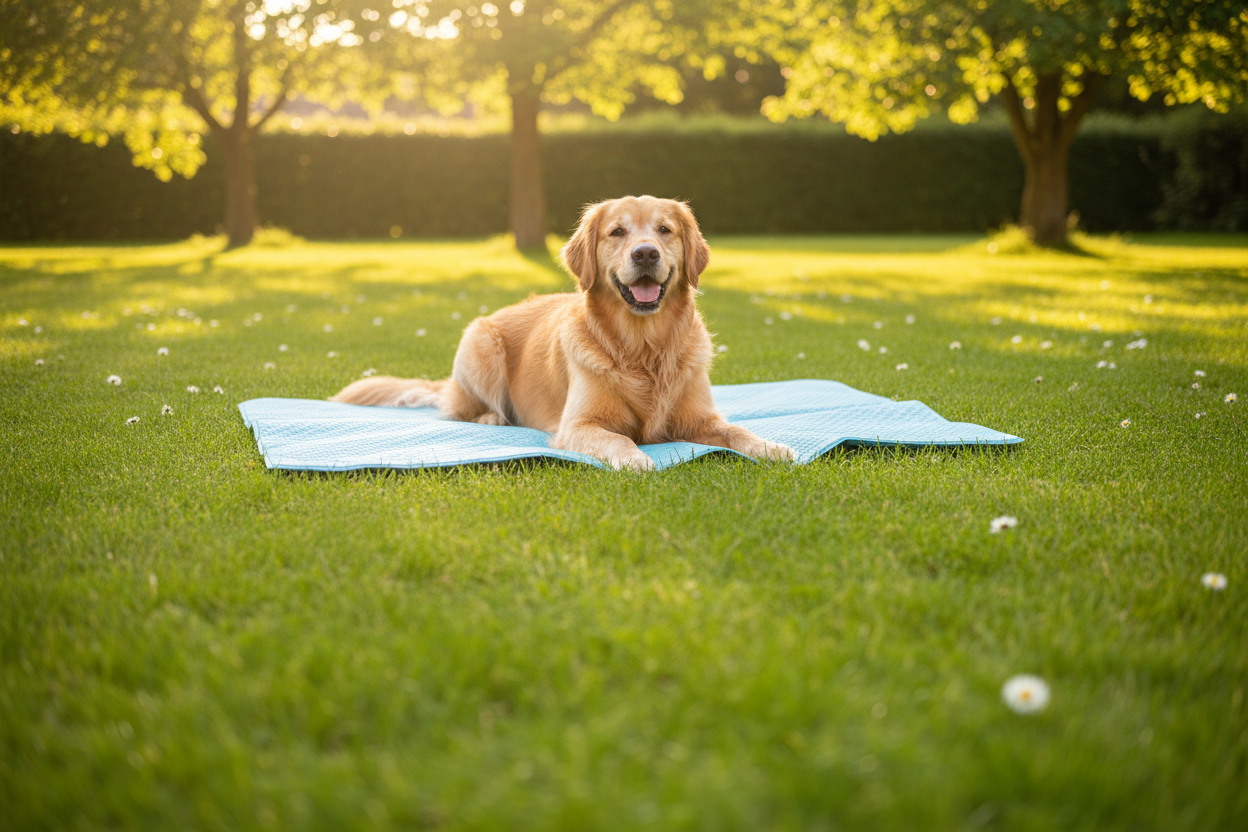A happy dog relaxing on a soft cooling mat in a sunny backyard, surrounded by green grass and bright daylight — a clean, lifestyle image that feels natural and summery. have the dog be farther up on the frame so the dog doesn't get in the way of my heading